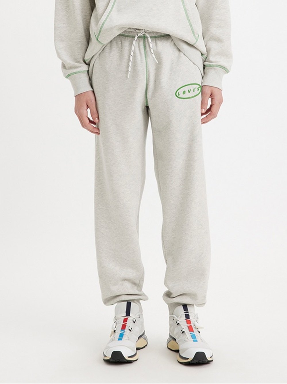 Levi's Light Gray Sweatpants with Logo and Green Stitching Accents